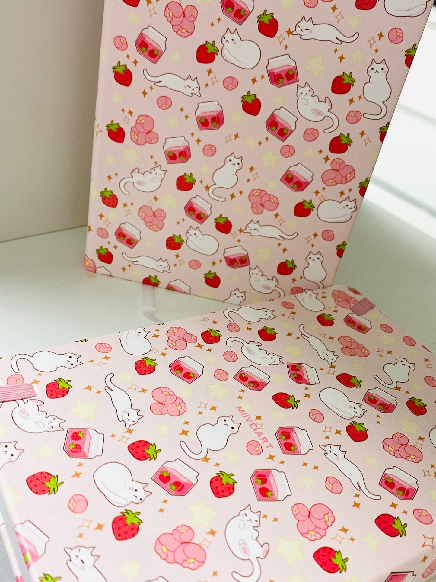 Strawberry Milk and Kitties PU Faux leather Watercolor Sketchbook Blank 300gsm 40sheets/80pages Hard Cover