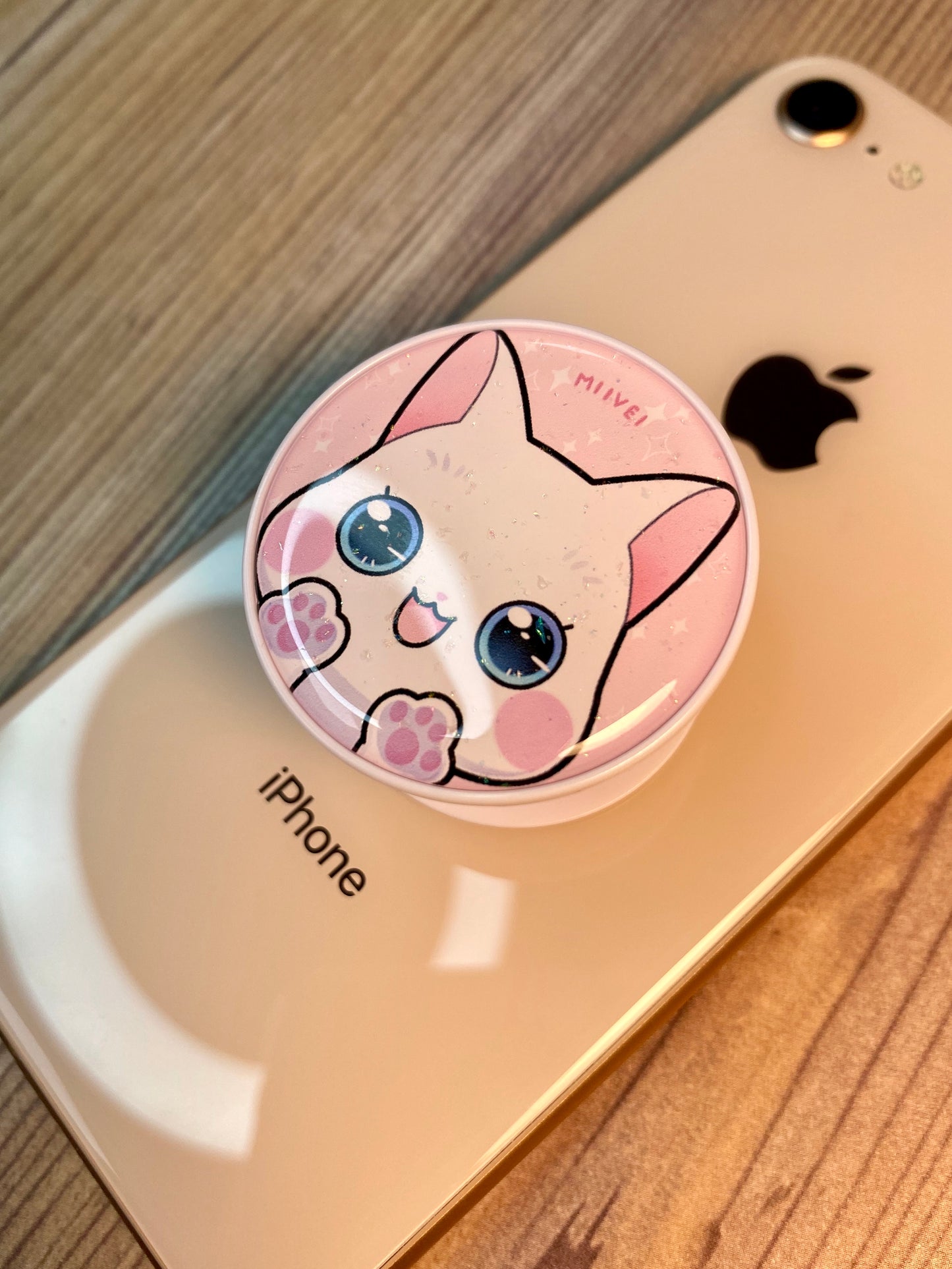 White Kitty Phone Grip Glitter Epoxy Resin