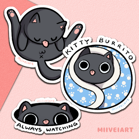 Derpy Black Cat Vinyl Stickers 3x3"