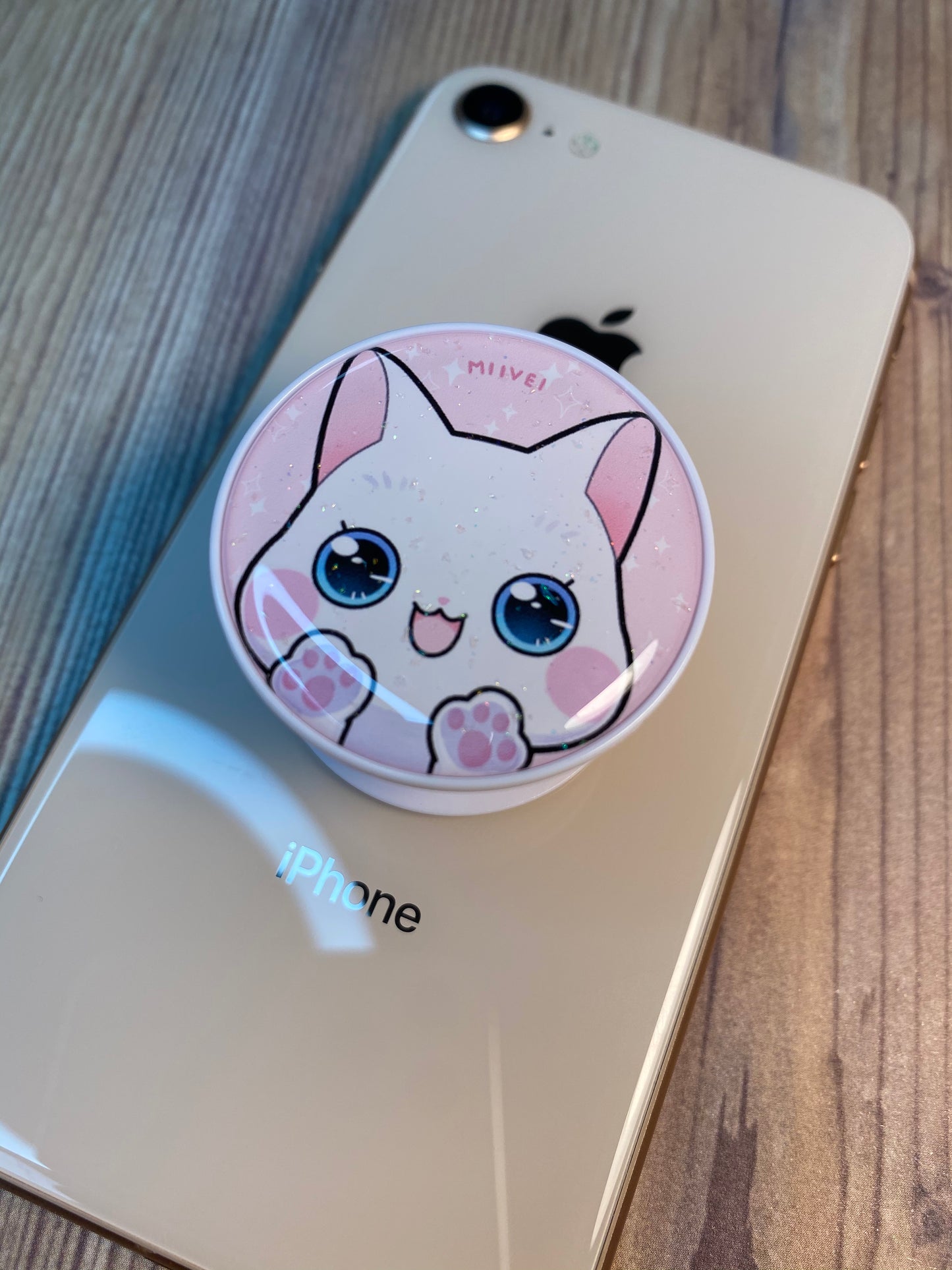 White Kitty Phone Grip Glitter Epoxy Resin